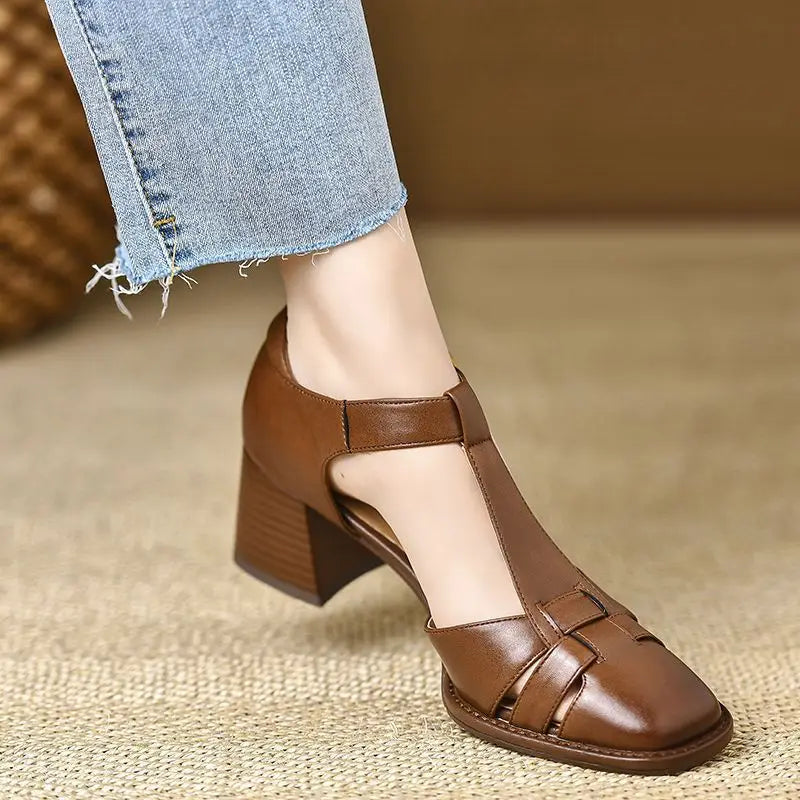 2025 New Fashion Classics Genuine Leather Sandals Woman Thick High Heels Sandals Office Ladies Dress Summer Shoes Heels Women Zpaxo