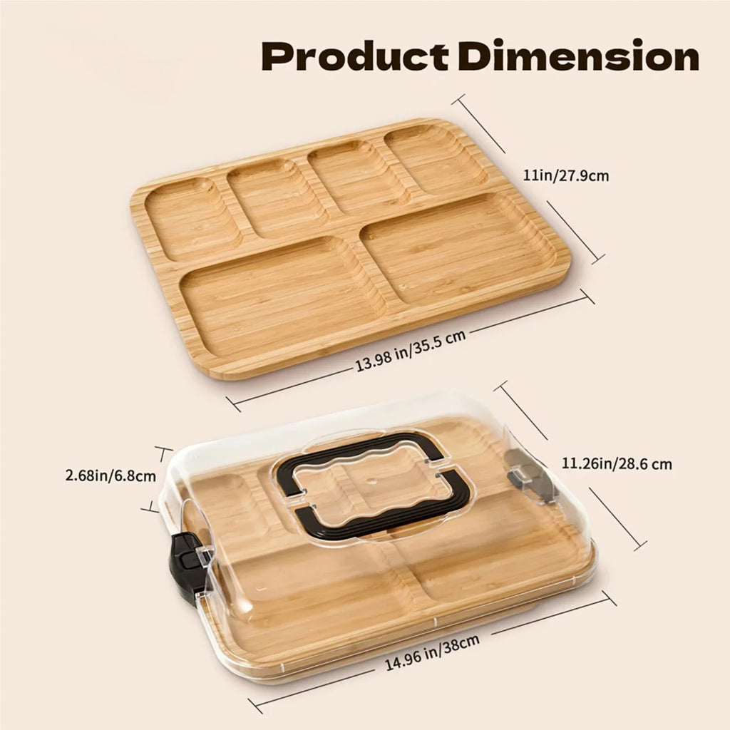 Bamboo Cheese Tray Secure Snap-On Acrylic Lid Portable Recycled Wood Serving Platter Camping Parties Restaurants Charcuterie Zpaxo