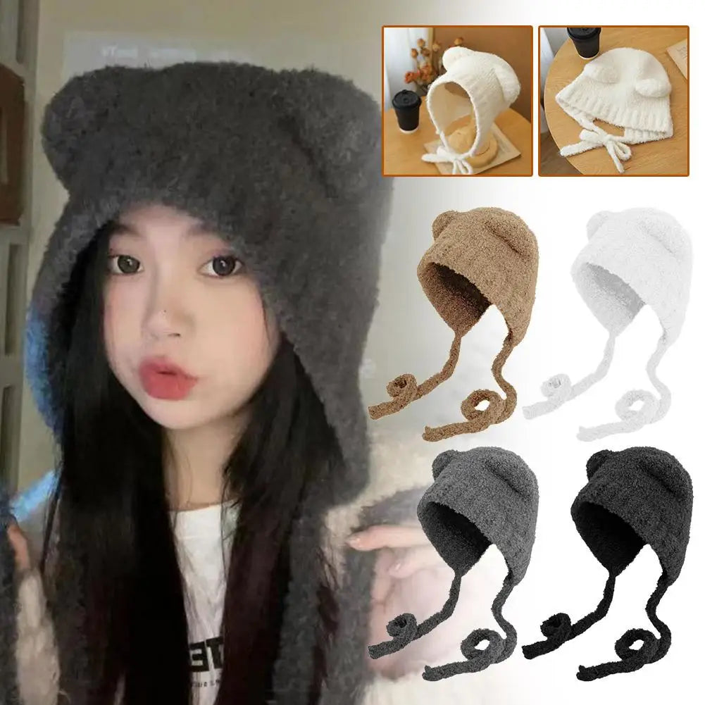 Autumn/Winter Cute Plush Wool Hat with Bear Ear Cold-proof Windproof Knitted Hat Long-lasting Warm for Women Girls Zpaxo