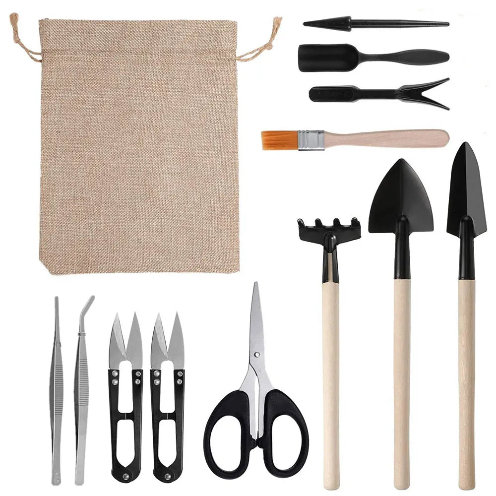 13pcs Mini Garden Shovel Rake Spade Scissors Bonsai Tools Set Wooden Handle Scissors for Flowers Potted Plant Garden Weeding Zpaxo