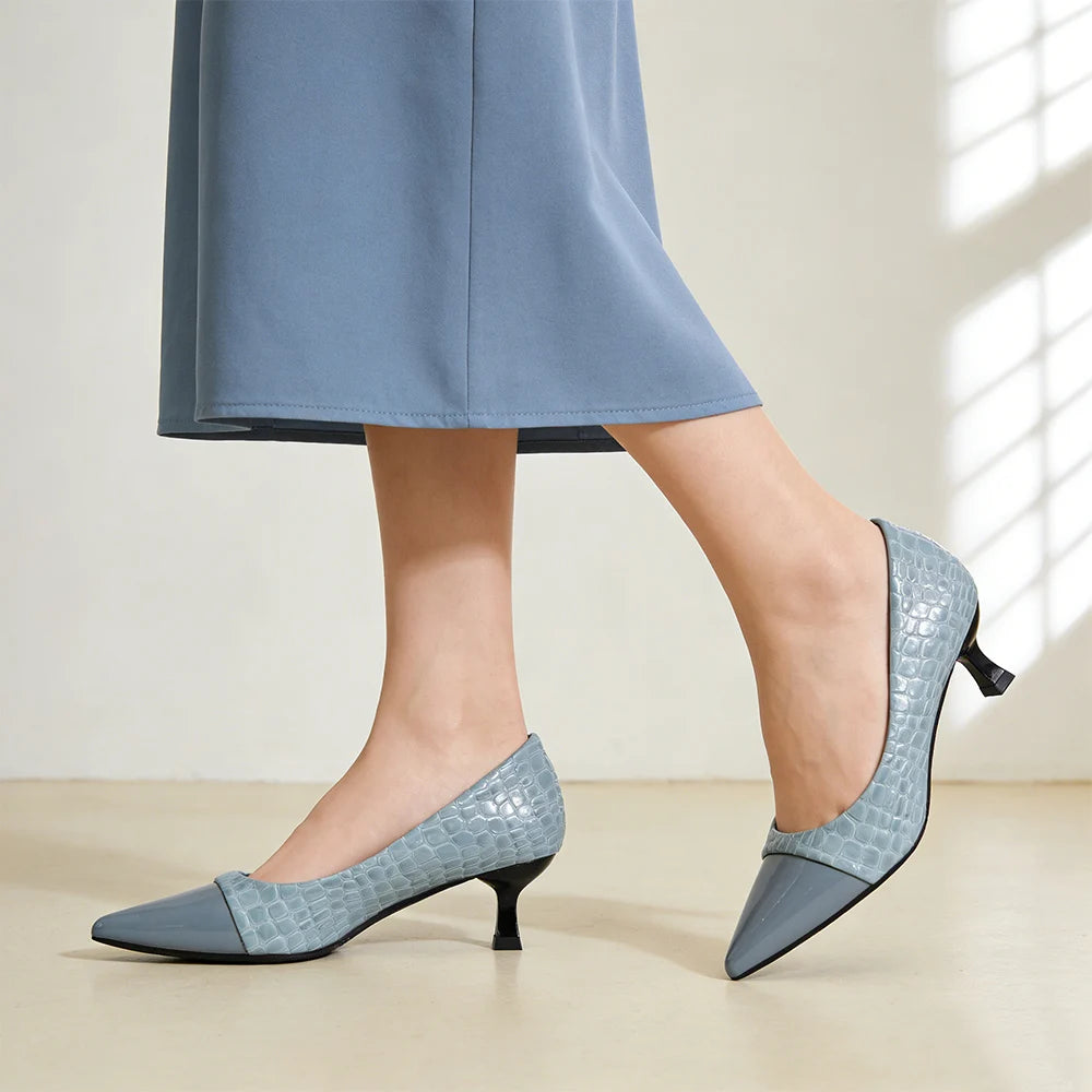 Sky Blue Pointed Toe Block Heel Pumps | Faux Leather Slip-On