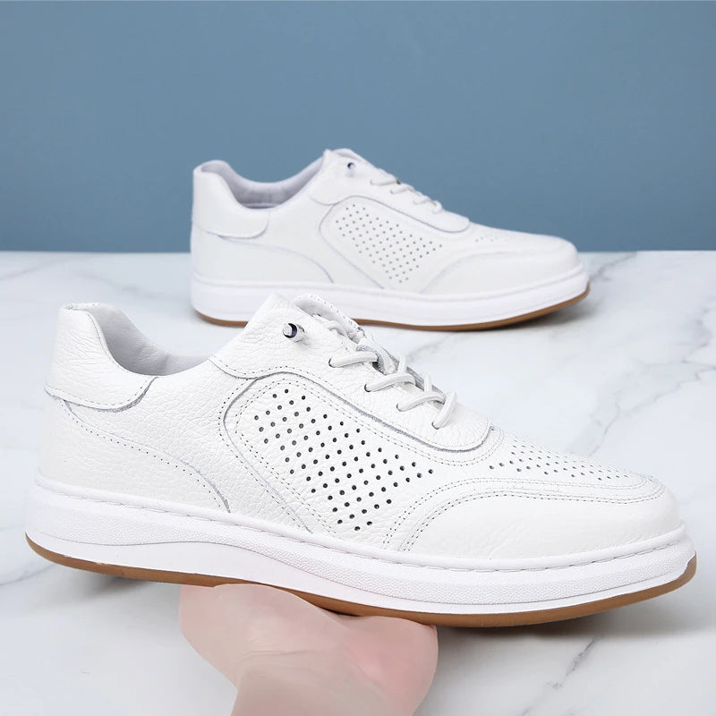 White Breathable Leather Sneakers Casual Lace Up Shoes Perforations Zpaxo