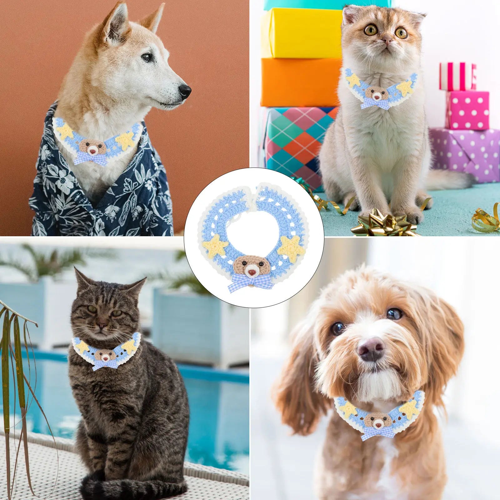 Adjustable Blue Bear Cartoon Knitted Woolen Yarn Cat Collar Cozy