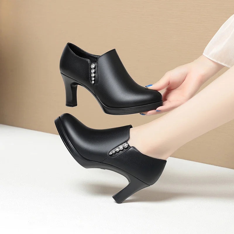 Soft Leather Heel Waterproof Platform Elegant Deep Mouth Women's Zpaxo