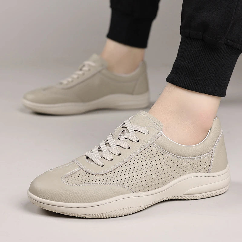 Mens Beige Leather Breathable Perforated Casual Sneakers Low Lace Up Zpaxo