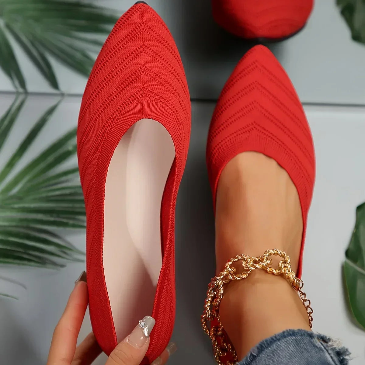 Women's Pointed Toe Flat Shoes Solid Knitted Slip Casual Breathable