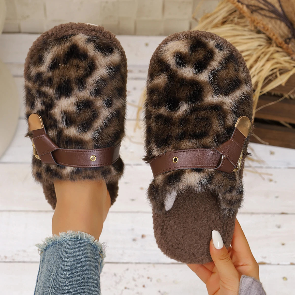 Women Thick Bottom Fur Slippers New Popular Head Cover Cotton Shoes Autumn Winter Outdoor Slippers Leopard Pattern Slides Women Zpaxo