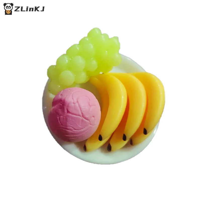 ▶6Pcs/set Mini Simulation Fruit Plate Grape Banana Peach Dollhouse Kitchen Decoration Zpaxo