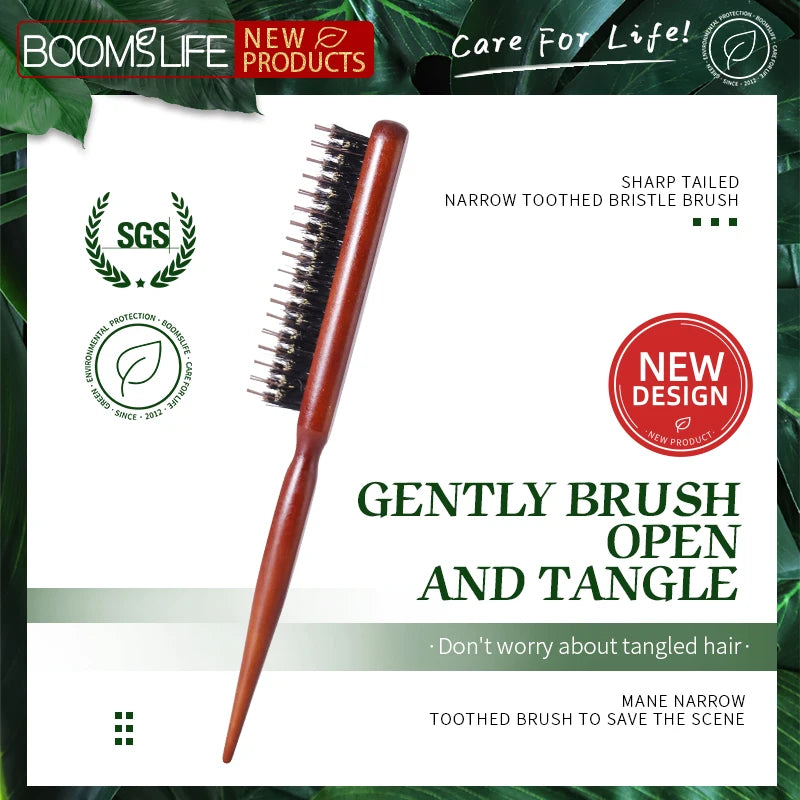 Custom Wood Fluffy Hair Comb Three Rows Boar Bristle Hair Brush Salon Teasing Slim Line Comb Extension Hairdressing Styling Tool Zpaxo