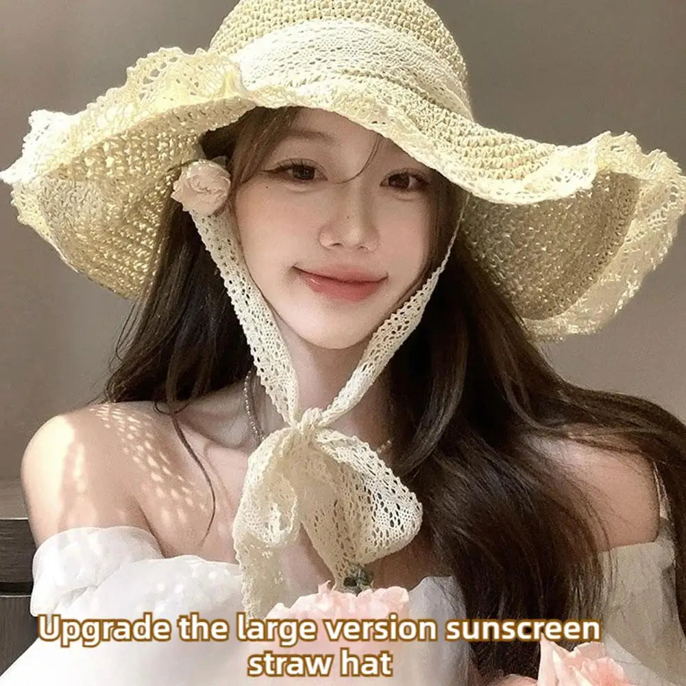 Women's Wide Brim Straw Sun Hat – Lace Beach UV Protection Women's Sun Hat Zpaxo