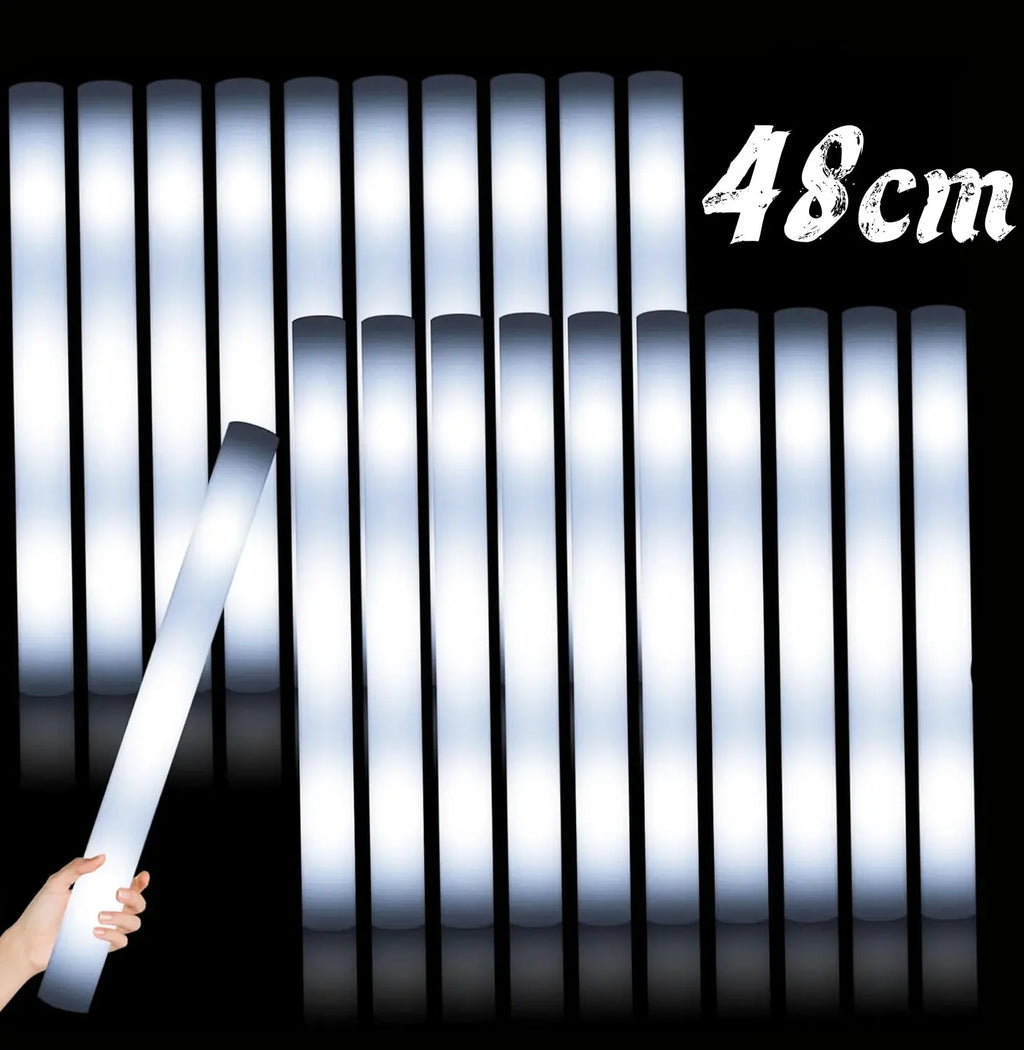 10 White LED Foam Sticks Light Up Batons Glow 3 Modes Flashing Dark