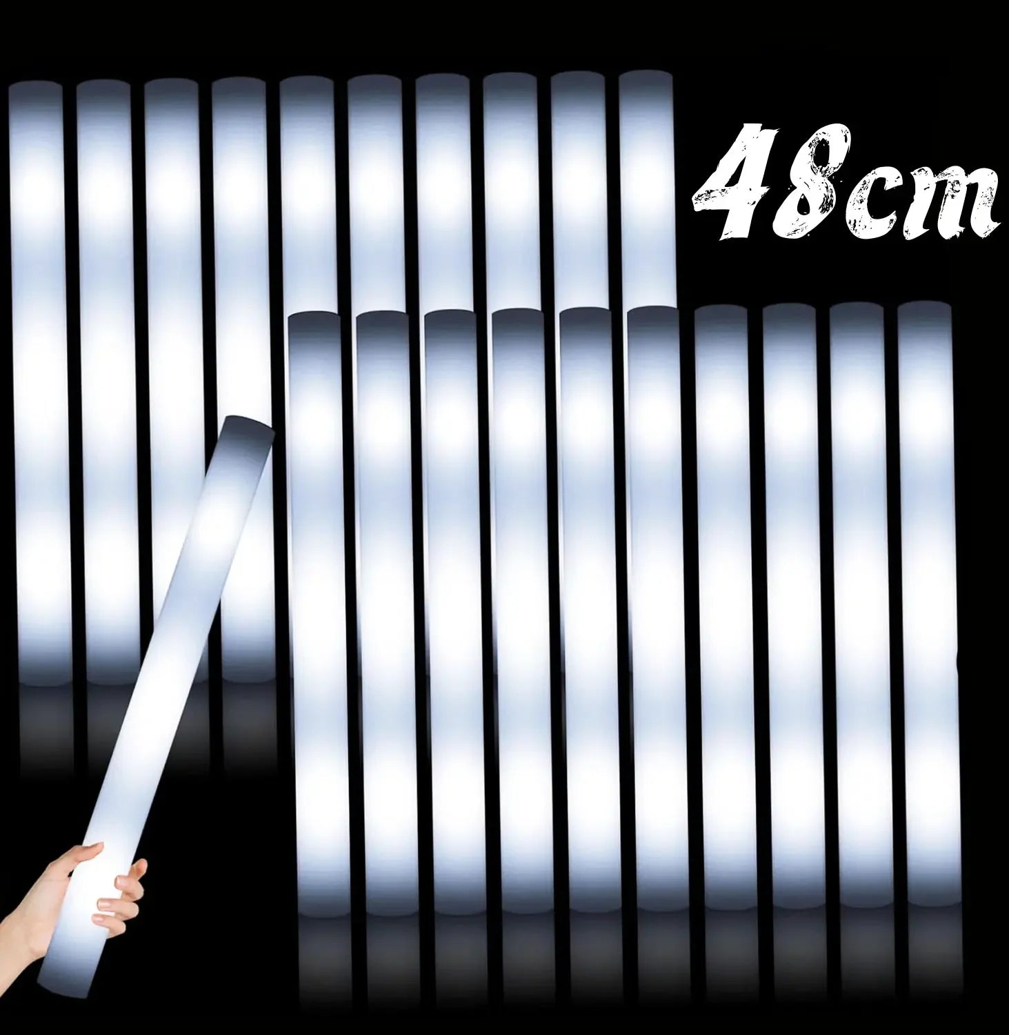 10 White LED Foam Sticks Light Up Batons Glow 3 Modes Flashing Dark