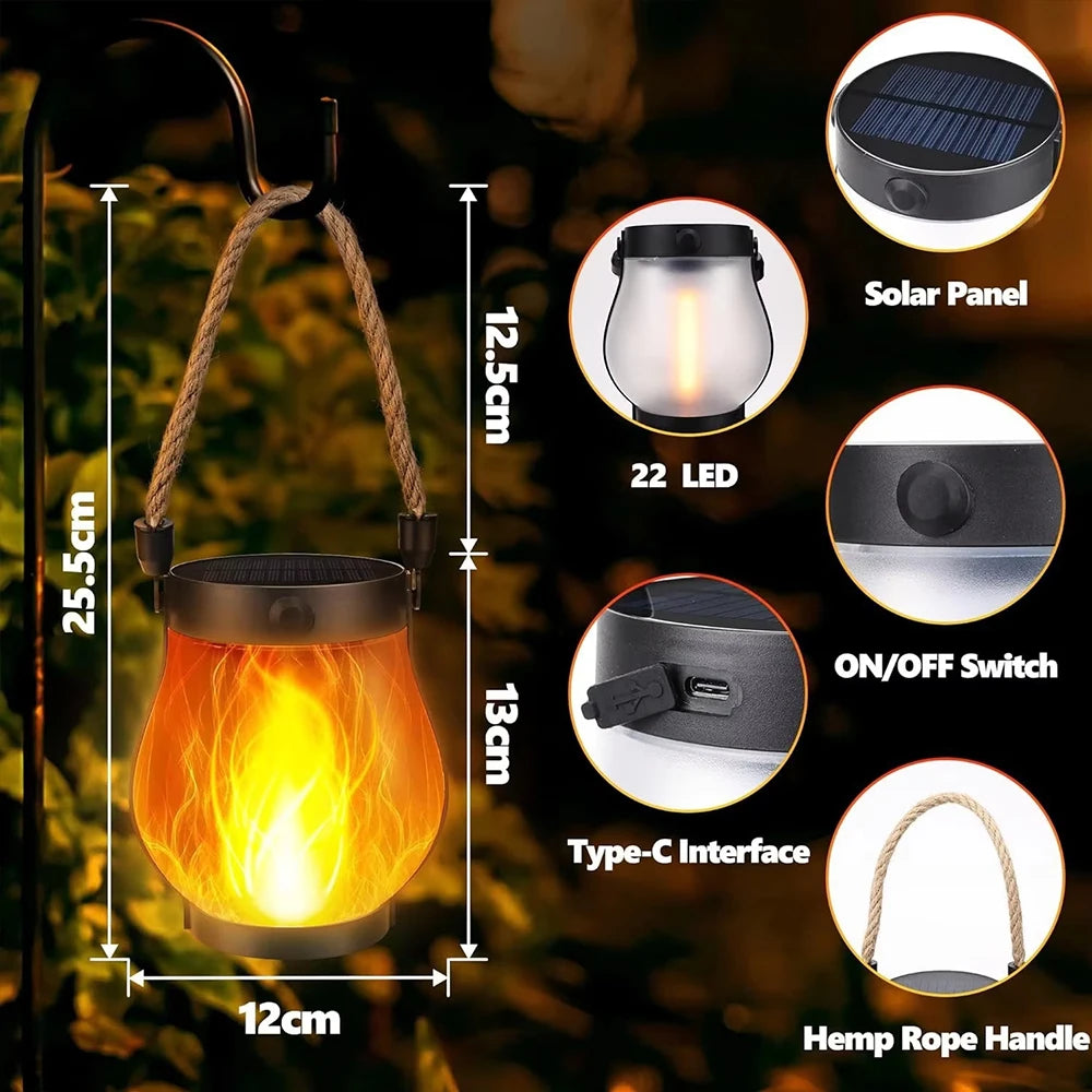 Solar Outdoor Flame Lamp with IP65 Waterproof Type-C Charging Simulation Flickering 3D Flame Rope Hanging Lamp for Garden Patio Zpaxo