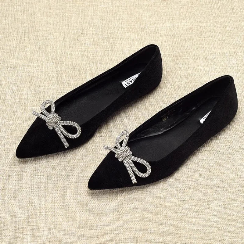 Flat Shoes for Women Spring Autumn New 2025 Butterfly Bow Diamond Velvet Pointed Toe Shallow Mouth Flat Plus Size Women's Shoe Zpaxo