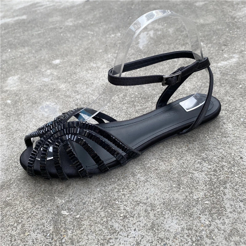 Fashion Roman Sandals Women 2023 Summer New French Gladiator Flat Bottom Rhinestone Black Women Slippers Luxury Sandals Zpaxo
