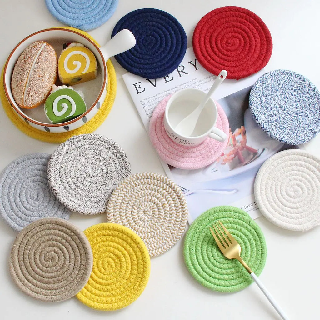 1PC Cotton Thread Cup Mat 12cm Round Coaster Knitting Table Mat Pot Holder Coffee Drink Tea Cup Woven Anti-Scalding Mat Zpaxo