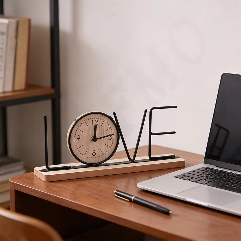 Nordic LOVE HOME Wrought Iron Wooden Table Clock Modern Letter Desk