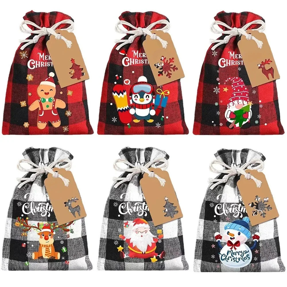 6PCS Christmas Linen Drawstring Bags Candy Biscuits Pouchs Burlap Bracelet Jewelry Storage Bags Xmas Kids Gift Packaging Bags yu Zpaxo