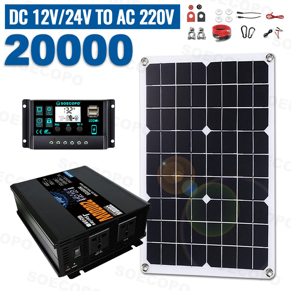 SOECOPO 20000W Complete Solar System Set 500W Solar Panel, Inverter(2 Sockets) 12V/24V 110V/220V, 100A Controller Home, Camping Zpaxo 12V 24V To 220V 50Hz
