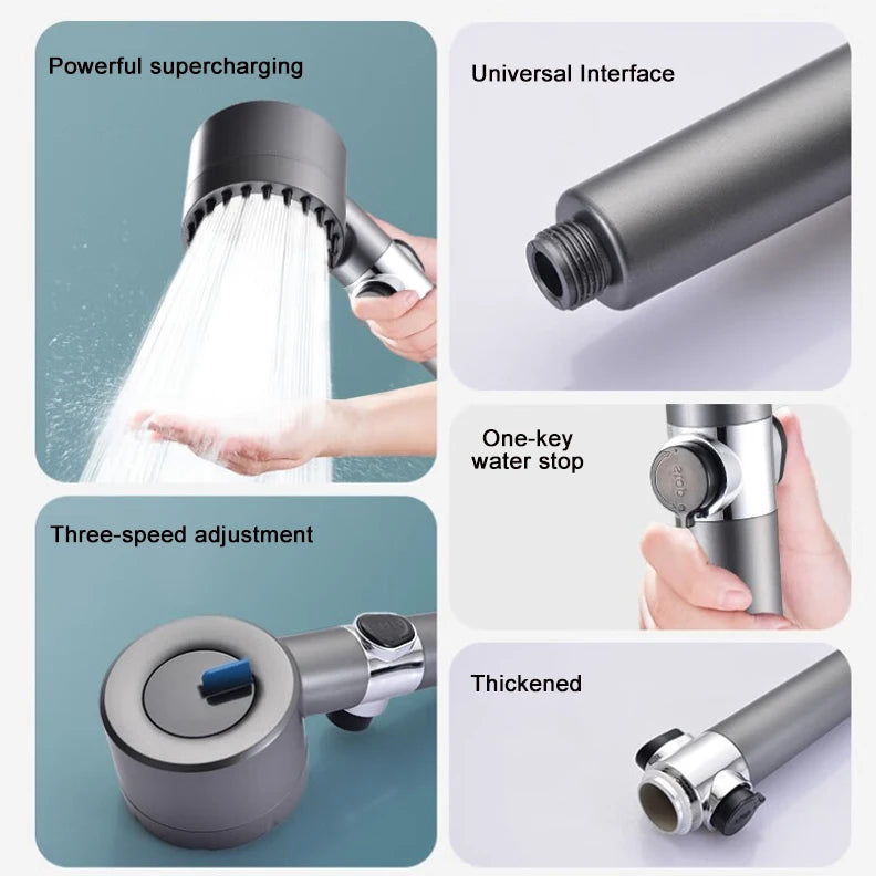 High-pressure Massage Shower Head 4 Modes Rain One-touch Stop Filter