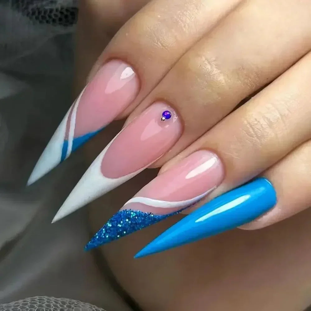 24pcs Long Almond False Nails French Leopard Star Press on Nails Fake Nails DIY Manicure Detachable Nail Tips Zpaxo JP2947