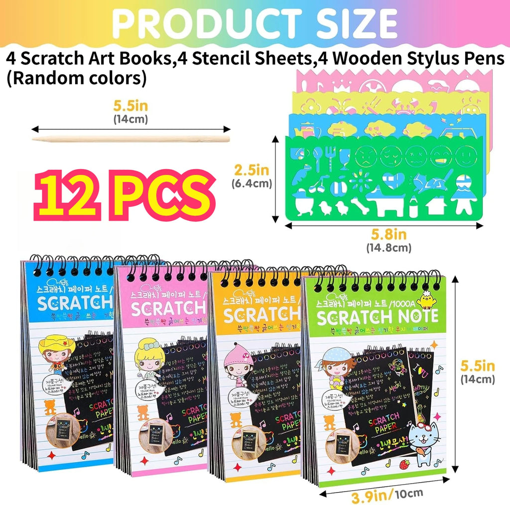 12-Piece Scratch Art Set – Rainbow Notebooks, Stencils & Stylus
