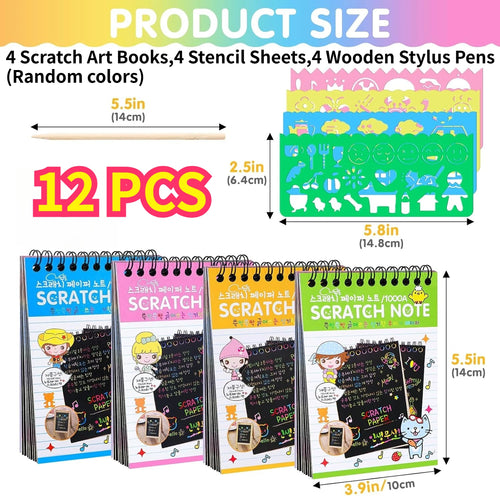 12-Piece Scratch Art Set – Rainbow Notebooks, Stencils & Stylus