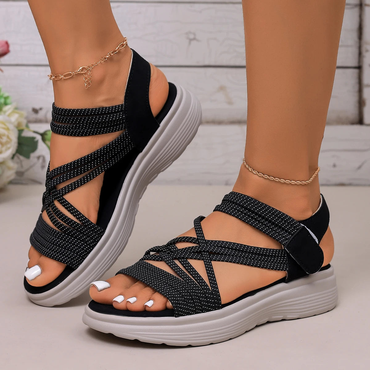 Women Sandals Summer Outdoor Casual Sandals Fashion Open Toe Elastic Sports Shoes Non Slip Thick-Soled Wedges Shoes for Women Zpaxo black 43