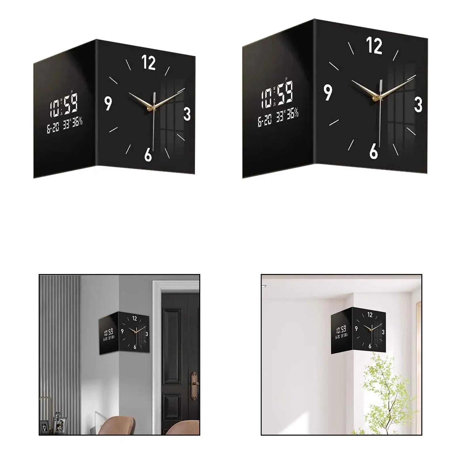 Double Sided Corner Wall Clock with Temperature & Date Display Double Sided Wall Clock Zpaxo