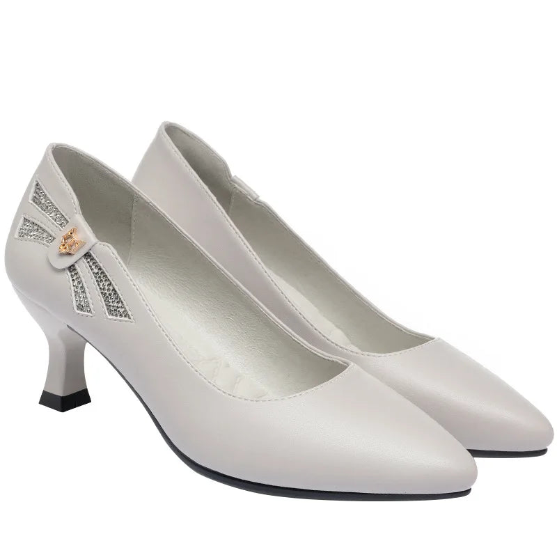 Leather Women's Shoes 2023 Spring Single Work Mid-high Heel All-match Zpaxo