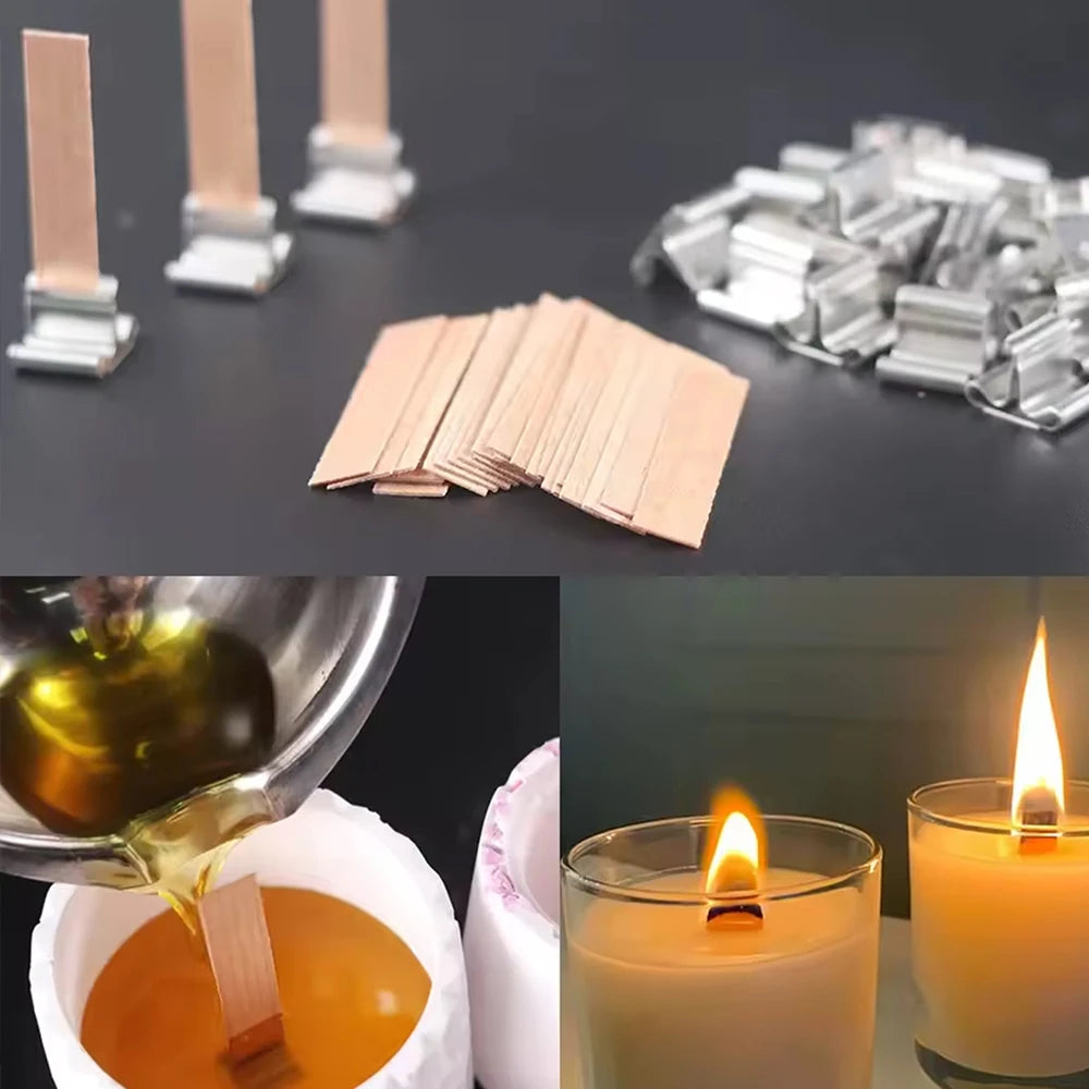 30Pcs Wooden Candles Wick with Metal Base Set Wick Clip for DIY Candle Making Zpaxo