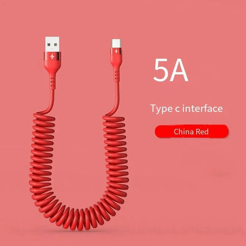 66W USB-C Spring Coil Fast Charging Car Cable – 6A USB-C Charging Cable Zpaxo RED 1.5m