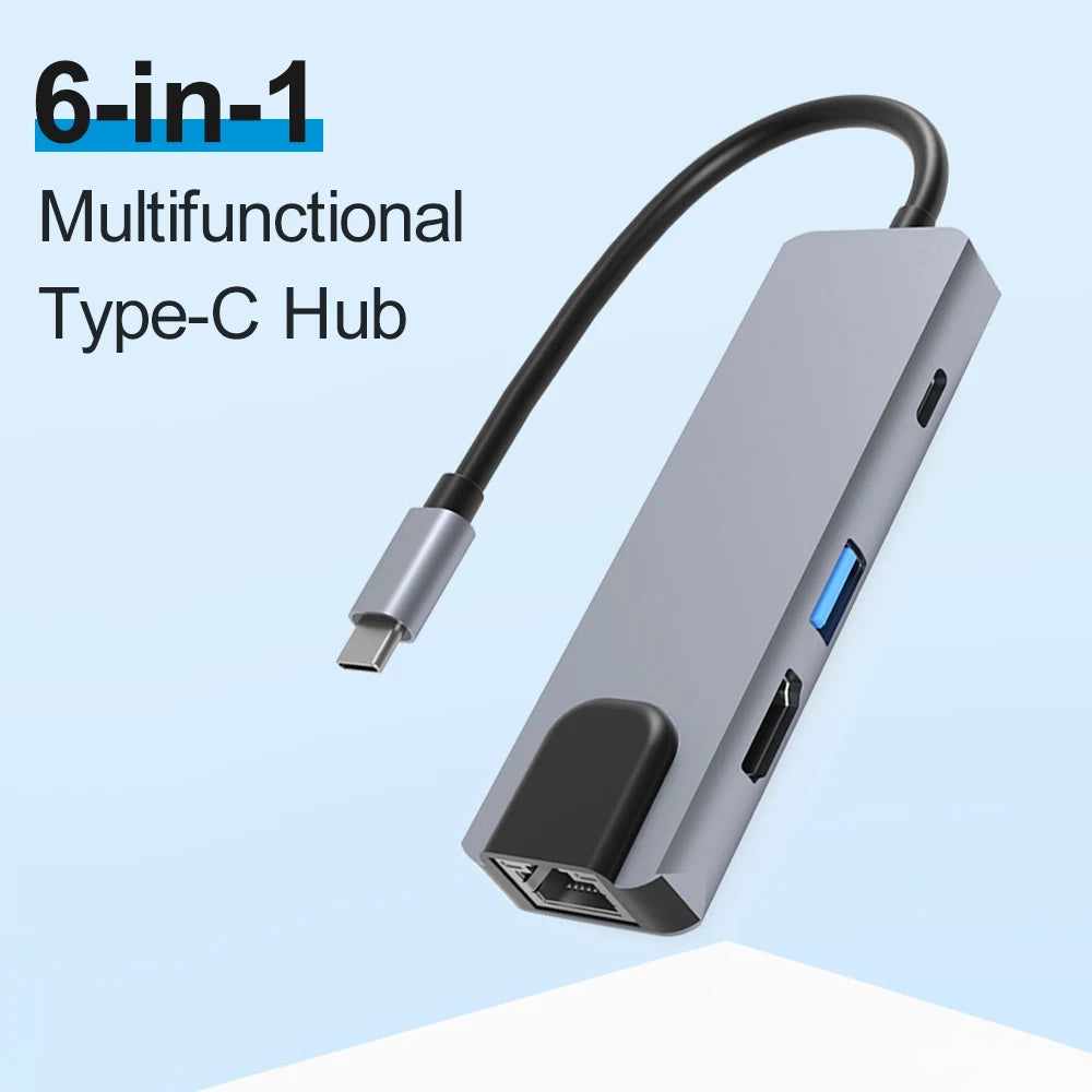 6-in-1 Type-C Hub Multifunctional Type-C Converter Av100M RJ45 HD USB3.0 PD Ports SD TF Card Slots Zpaxo