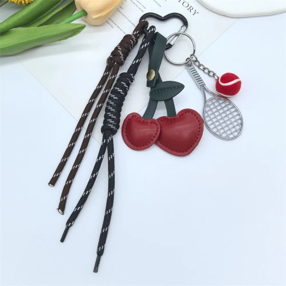 Girl Heart Braided Rope Keychain Hand-Woven Anti-Lost Cherry Shaped Bag Pendant Ornament Handmade Tennis Racket Key Chain Zpaxo Style A
