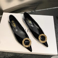 Flat Shoes for Women Spring and Autumn Shiny Patent Leather Shallow Mouth Pointed Metal Rhinestone Buckle Ladies Shoes Women Zpaxo Black 36