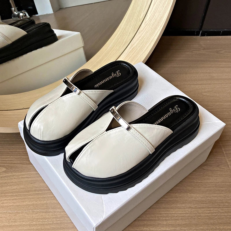 Shoes for Women 2025 High Quality Summer New Outdoor Low-heel Baotou Modern Slippers Square Heel PU Solid Women's Slippers Zpaxo