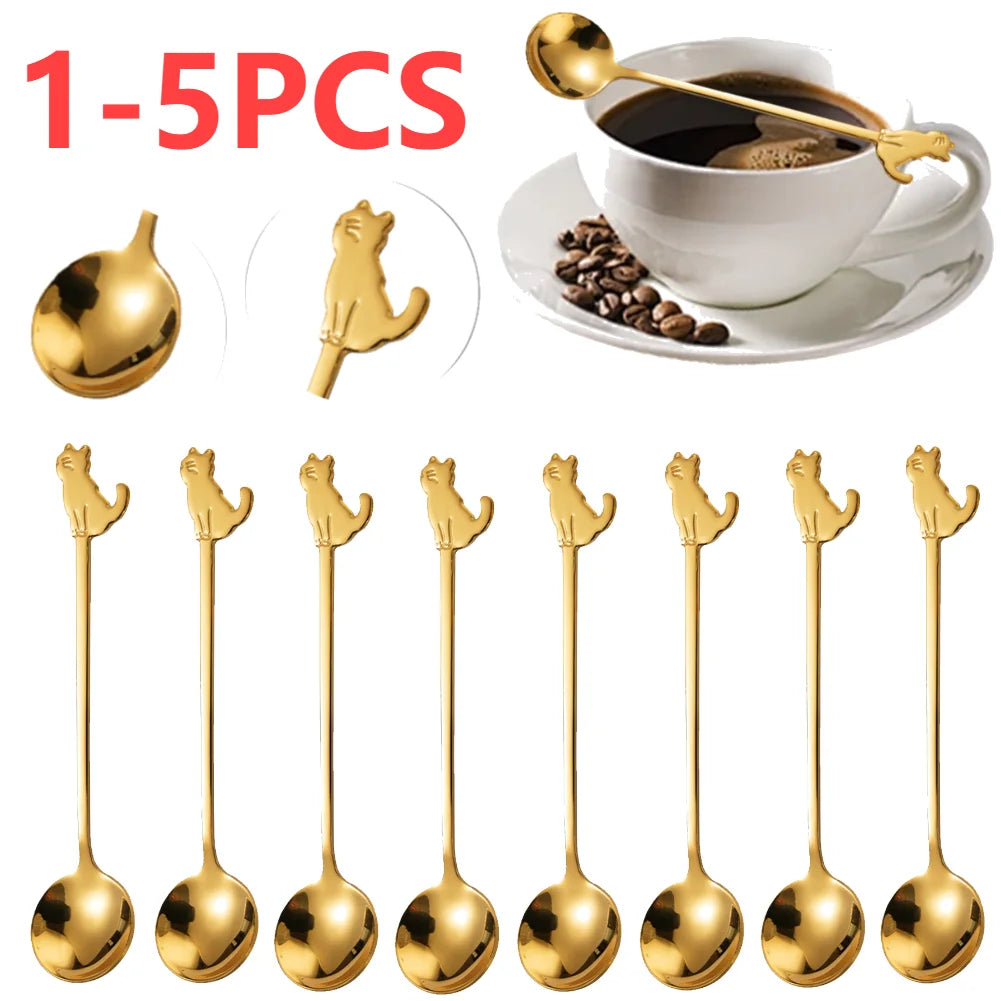 5- Stainless Steel Coffee Spoon Cute Cat Shape Teaspoon Dessert Snack
