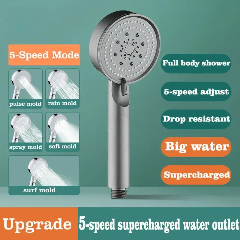 5 Modes Shower Head Set with Water Pipe Bracket Adjustable High Pressure Water Saving Shower Head Water Massage Shower Head Zpaxo grey
