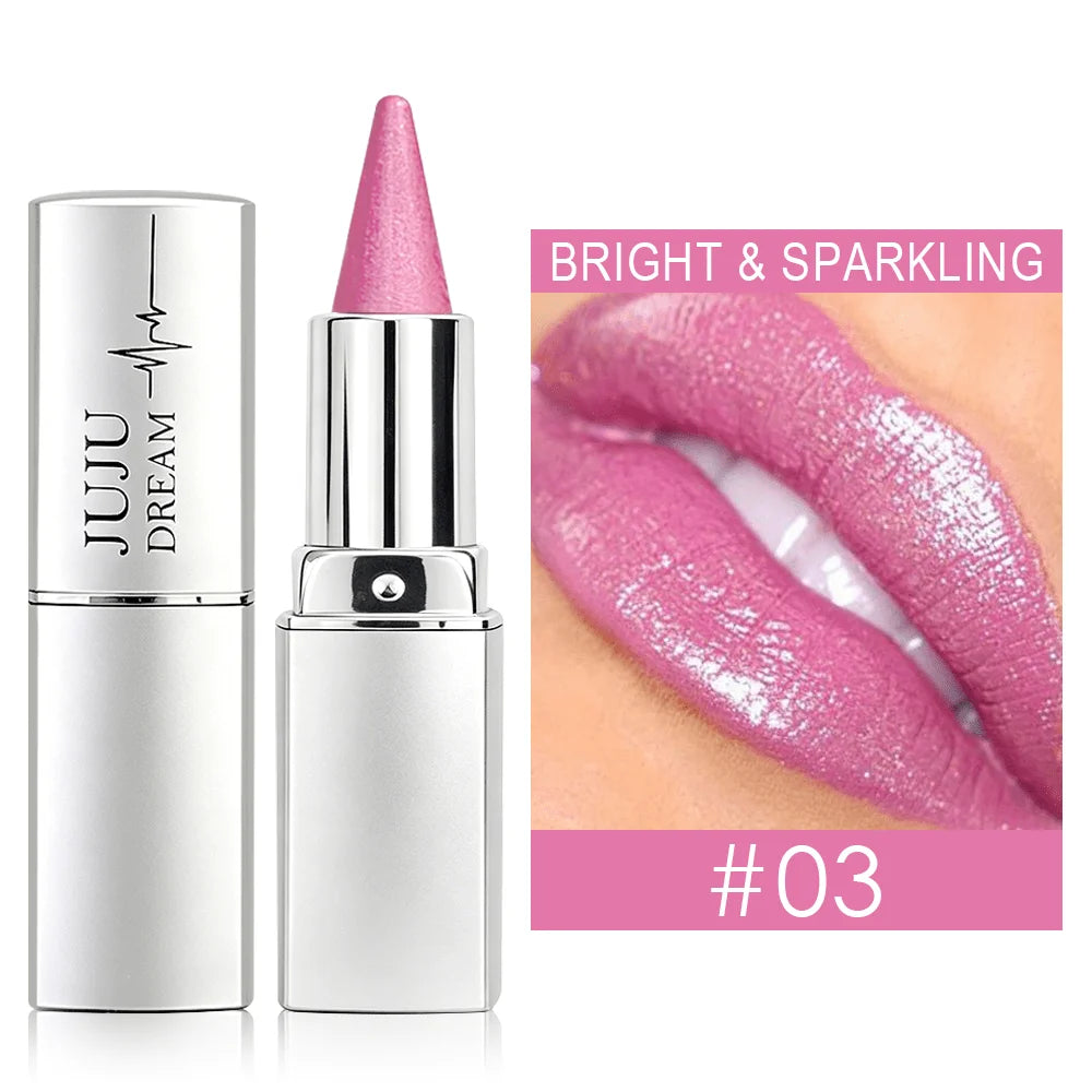JUJU DREAM Elegant Pink Glitter Lipstick, Pearlescent Metallic Shine, Waterproof Long-Wear Lip Makeup for Women Zpaxo