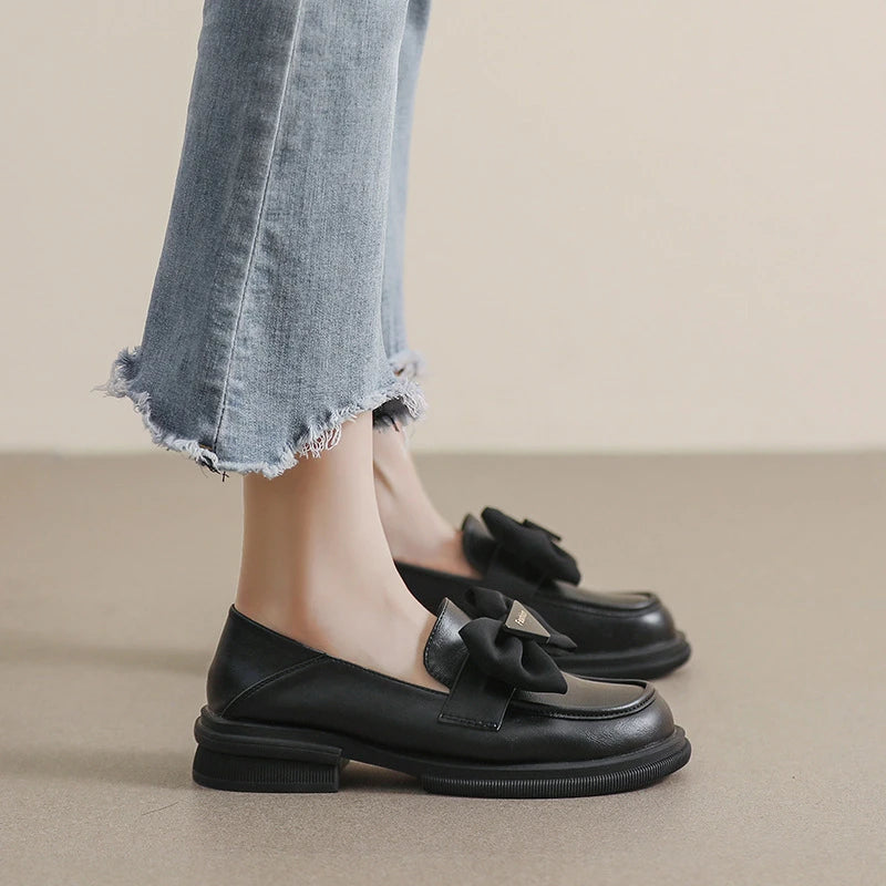 Women Soft Sole Loafers Bow Decor Retro Platform Chunky Heel British Zpaxo