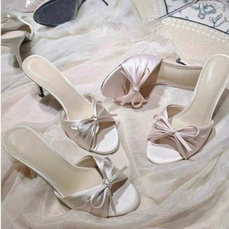 Women's Satin Bow Slippers 2026 Summer Open Toe Women Stiletto Heel