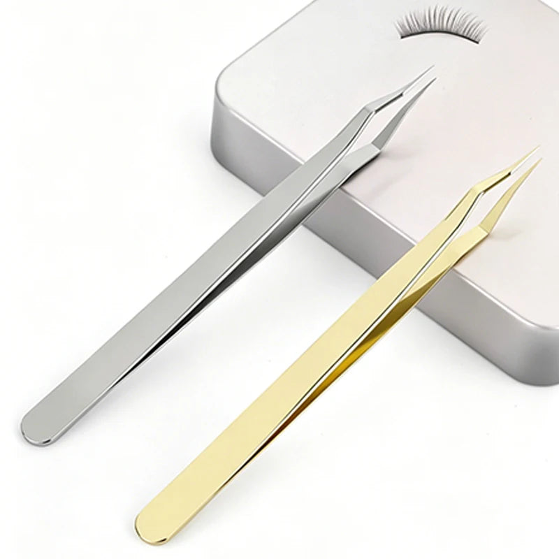New Silver Gold Lash Extension Tweezers Anti Slip Stainless Steel Curved Tip Tweezers High Precision Nail Art Makeup Beauty Tool Zpaxo