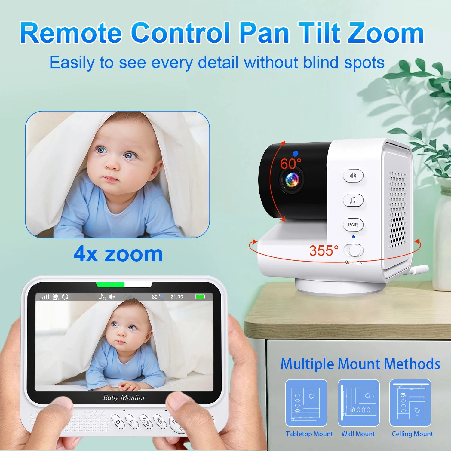 Video Baby Monitor Display Pan Tilt Zoom Babyphone IR Night Vision Zpaxo
