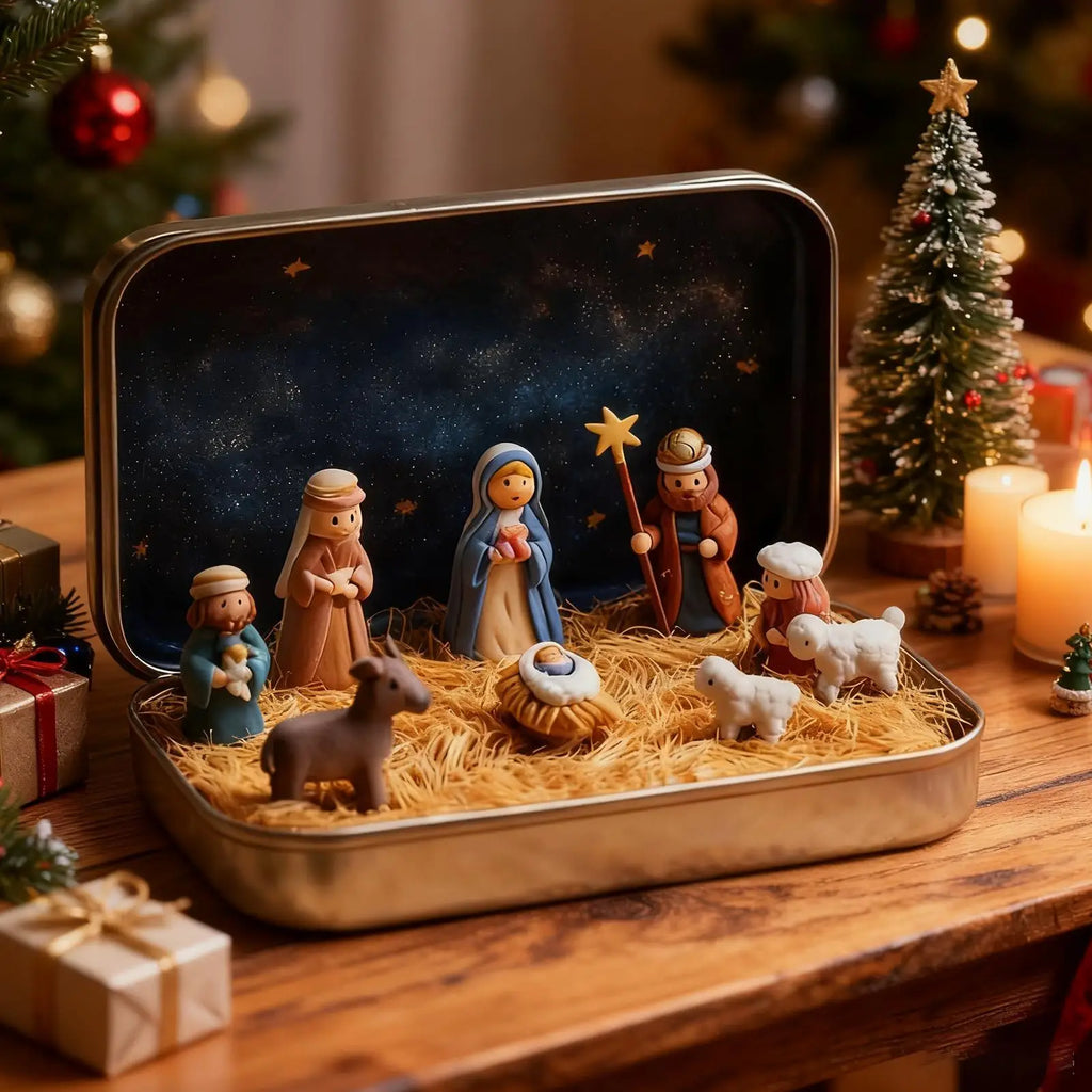 Tin Box Nativity Portable Mini 3D Holy Figurines Religious Ornament