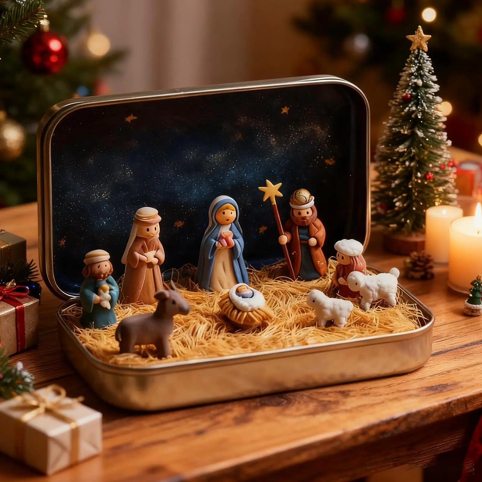 Tin Box Nativity Portable Mini 3D Holy Figurines Religious Ornament