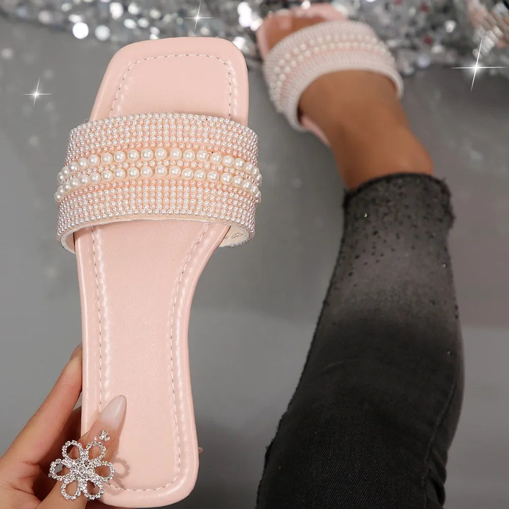 Women's Flat Bottom Sandals 2026 Summer Beaded Rhinestone Shoes