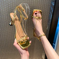 Women's Square Open Toe Hollow Out Breathable Vintage Heel Sandals Zpaxo Gold 35