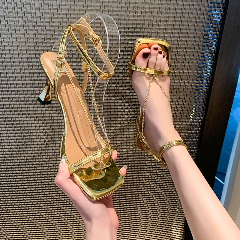 Women's Square Open Toe Hollow Out Breathable Vintage Heel Sandals Zpaxo Gold 35