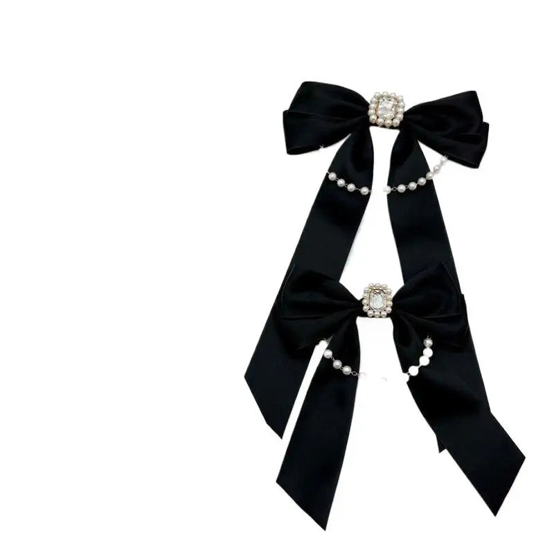 Trendy Women's Shirt Accessory Black White Bow Brooch Pearl Chain Zpaxo