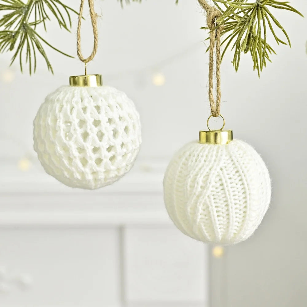 12-Pack White Knitted Yarn Christmas Ball Ornaments | Tree Decor
